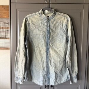 AMERICANINO Italy Mens Blue Acid Wash‎ Band Collar Button Up L/S Shirt, Blue,S